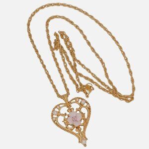 Vintage Avon Floral Heart Necklace Gold Tone Pink Rose Pendant with 24" Chain